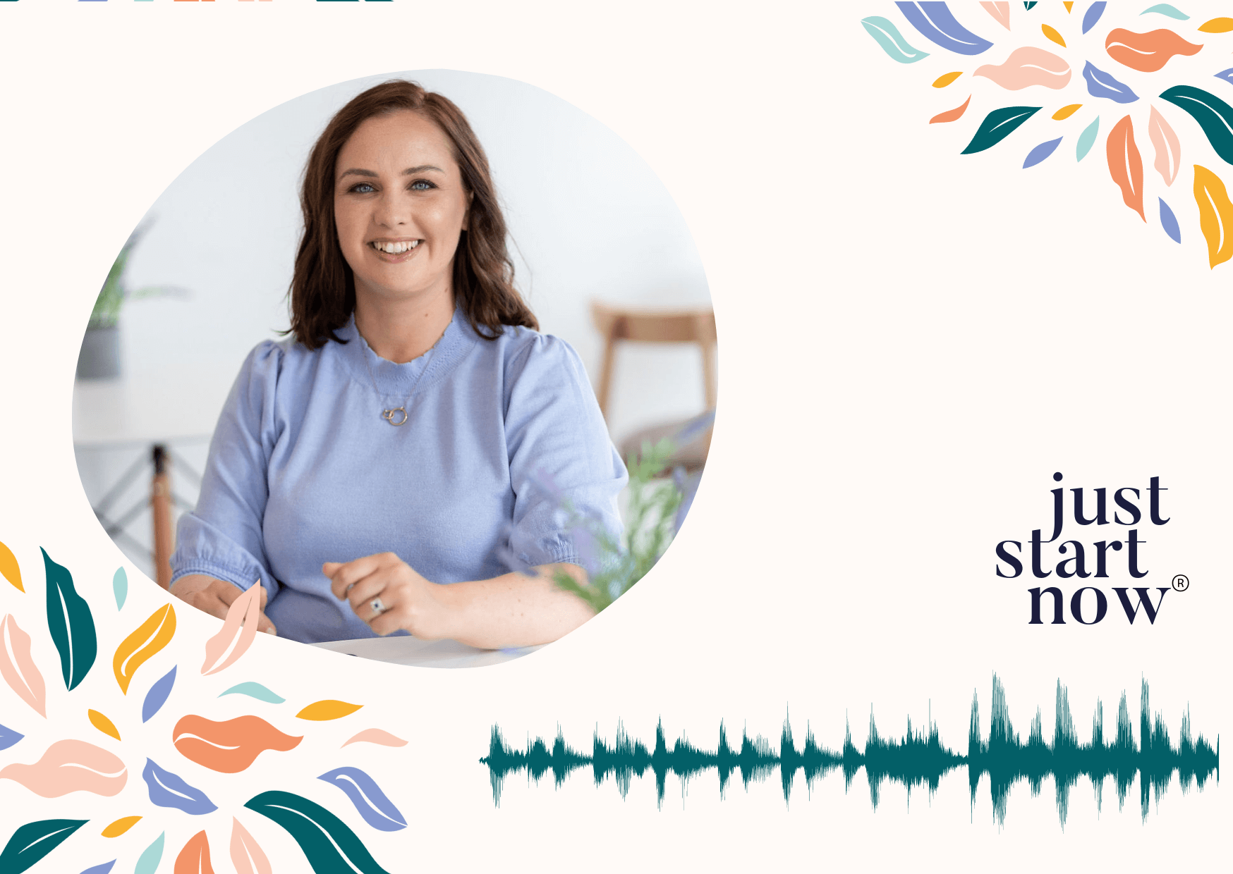 Just Start Now podcast graphic Vicky Shilling in purple jumper